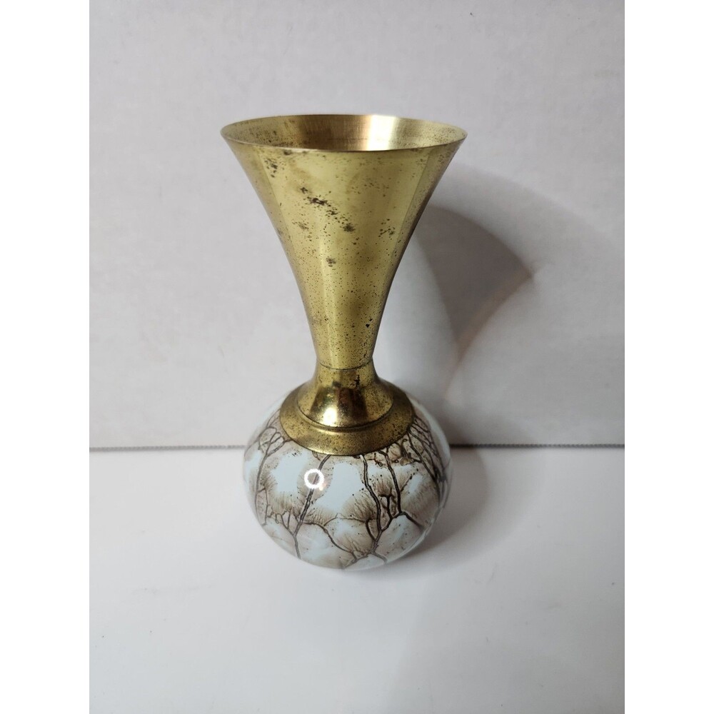 Vintage Delft Porcelain And Metal Bud Vase Measures 5.75” Tall Turquoise Marbled